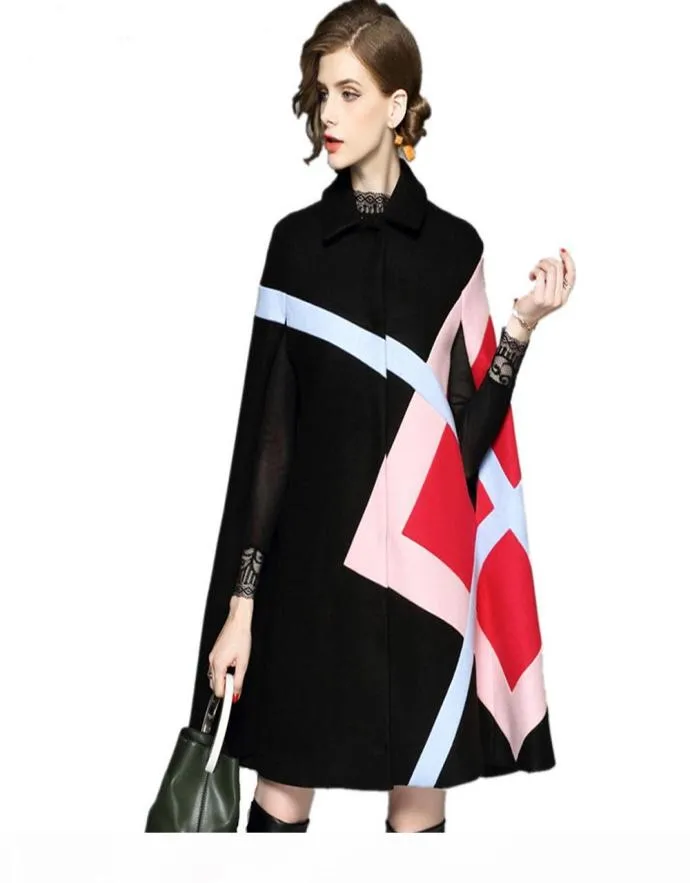 NOWOŚĆ 2020 mody kobiety zimowa kurtka geometryczna wełniana rękaw Batwing ciepły płaszcz ponchos płaszcz wełniany mieszanki wełny wierzchnia 7452403