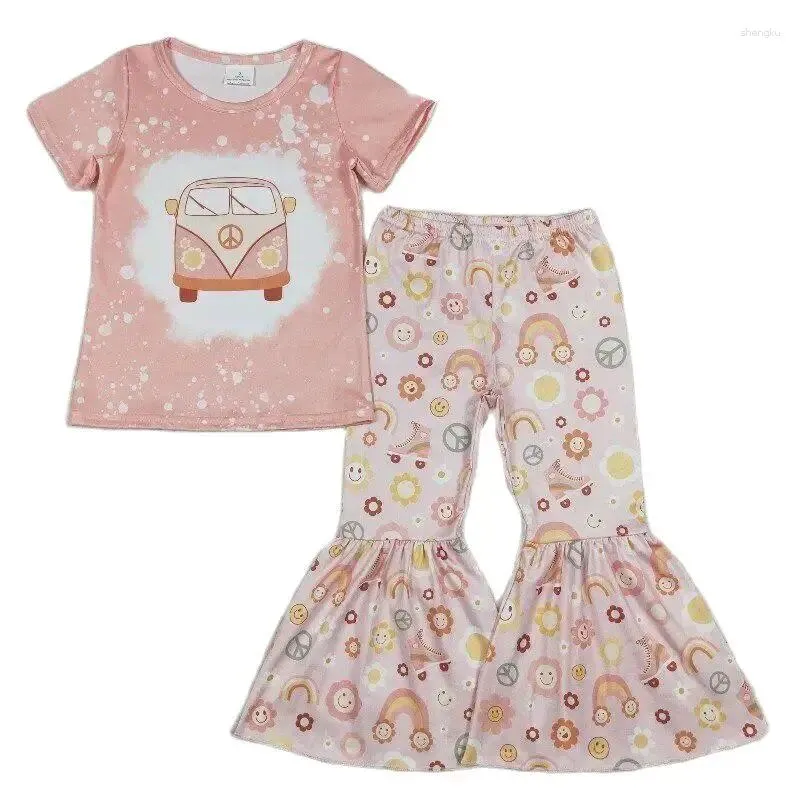 衣料品セットRTSベビーガールズ卸売幼児ピンクバス半袖Tシャツトップフラワーベルパンツブティック衣装ホリデー服