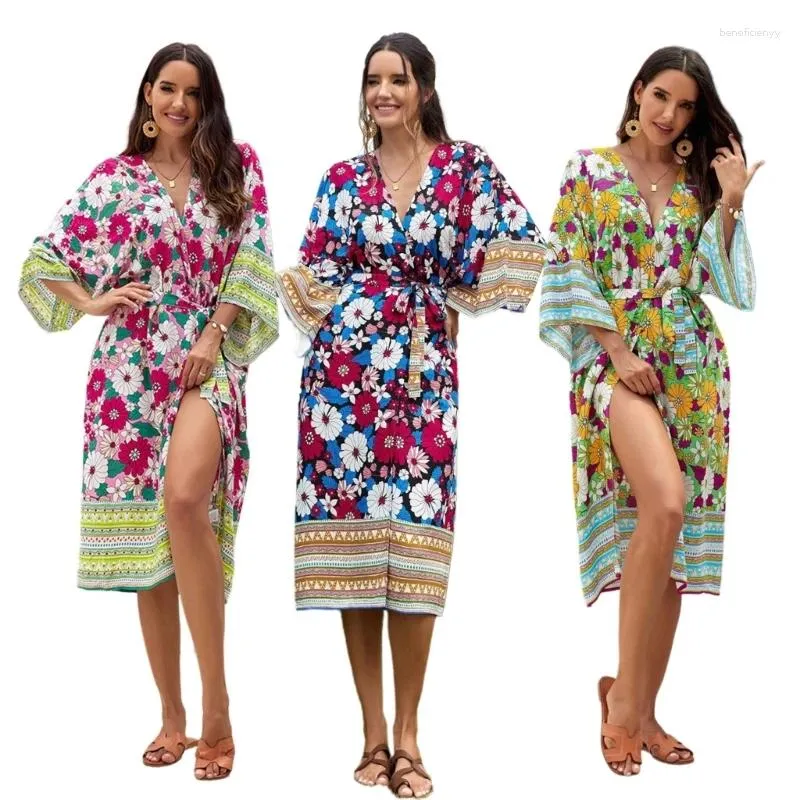 Swimsuit Long Kimono Coverup avec Waist Band Women Open Front Cardigans Beach H58d