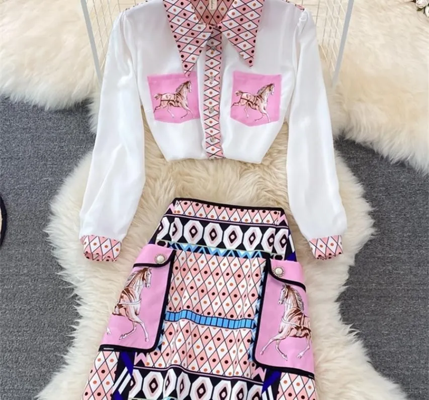 Two Piece Dress Fashion Runway Summer Skirt Suit Women039s Horse Geometry Print Blouse And A Line Pocket Buttons 2 Set 2209193128348