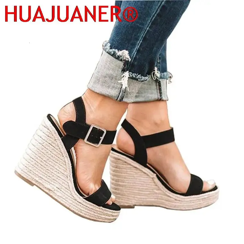 Summer Wedge Sandals Fashion Weave Platform Plus Size High Heel Sandalias Thick Bottom Retro Open Toe Ladies Shoes 240428