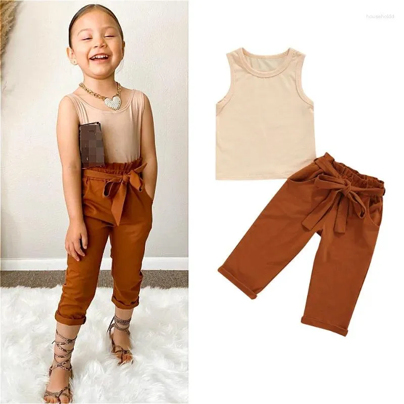 Clothing Sets 1-6Years Kids Baby Girls Clothes Set 2024 Summer Solid Color Sleeveless Tank Crop Tops Bow Pants With Belt Casual Outfits