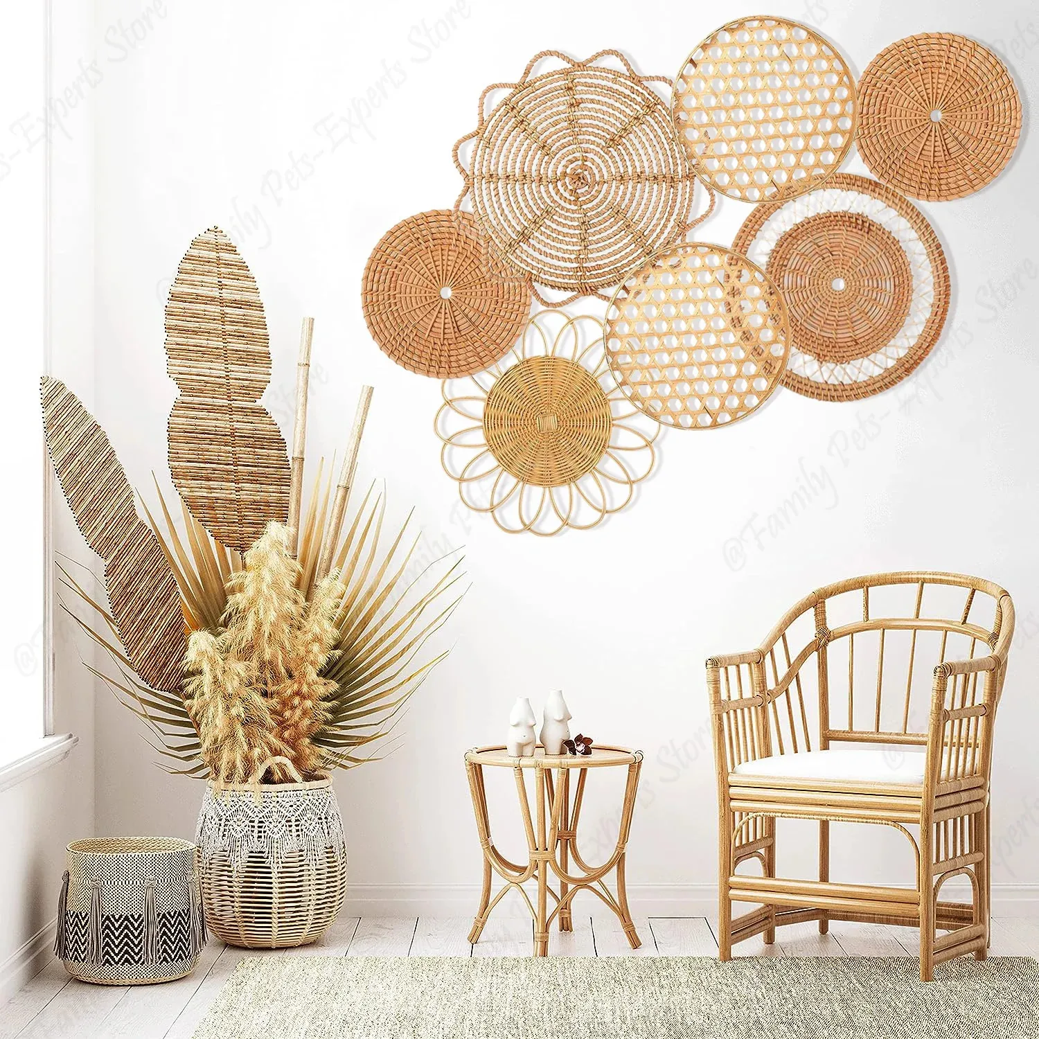 7 -stcs boho rattan muur decor hangende geweven manden decor Boheemian Home Decor Handmade rieten muurdecor voor slaapkamer boerderij 240423