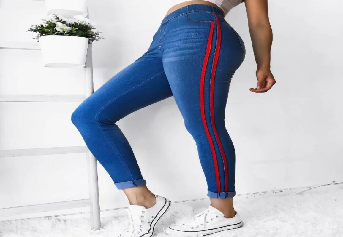 Heflashor 2018 Jeans à rayures latérales populaires Femmes hautes taille skinny jeans Nouveaux leggings de denim en coton sexy