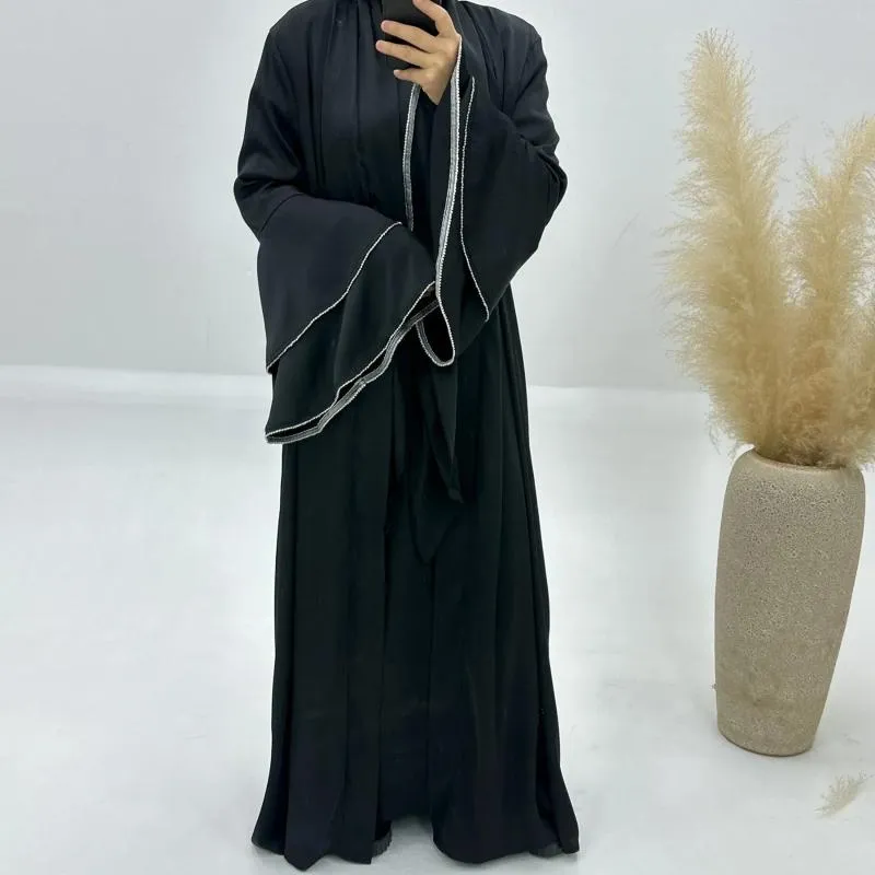 Roupas étnicas cetim abaya abaya 3 peças conjunto quimono vestido interno embrulhado saia de mangas com babados de babados