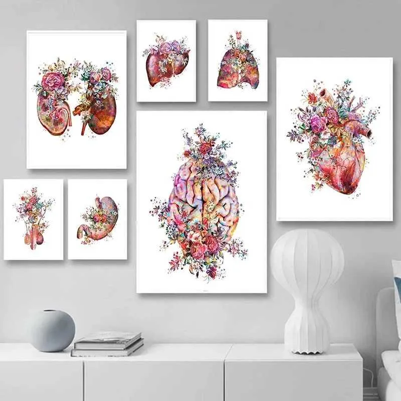 Anatomie Kunst Medizinische Leinwand Malerei Blumen Bio -Herz und Lungenplakate Druckerziehungskrankenhaus Bilder Home Dekoration J240505
