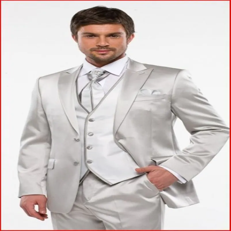 Maßgeschneiderte Bräutigam Smoking Shiny Silber Bräutigamsmensch Revers bester Mannanzug Bräutigam Hochzeit Prom Dinner Anzüge Jacke Hose Krawatte K6 257o