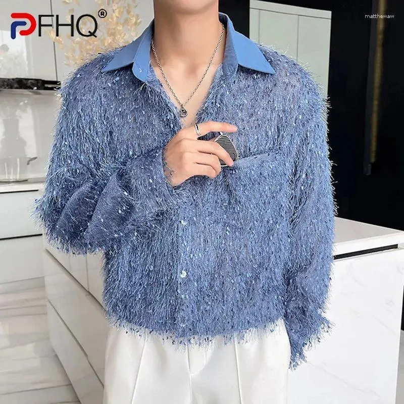 Men's Casual Shirts PFHQ Nightclub Trendy Long Sleeved Loose Solid Color Pockets Cool Turn-down Collar Sexy Tops Summer 21Z3832