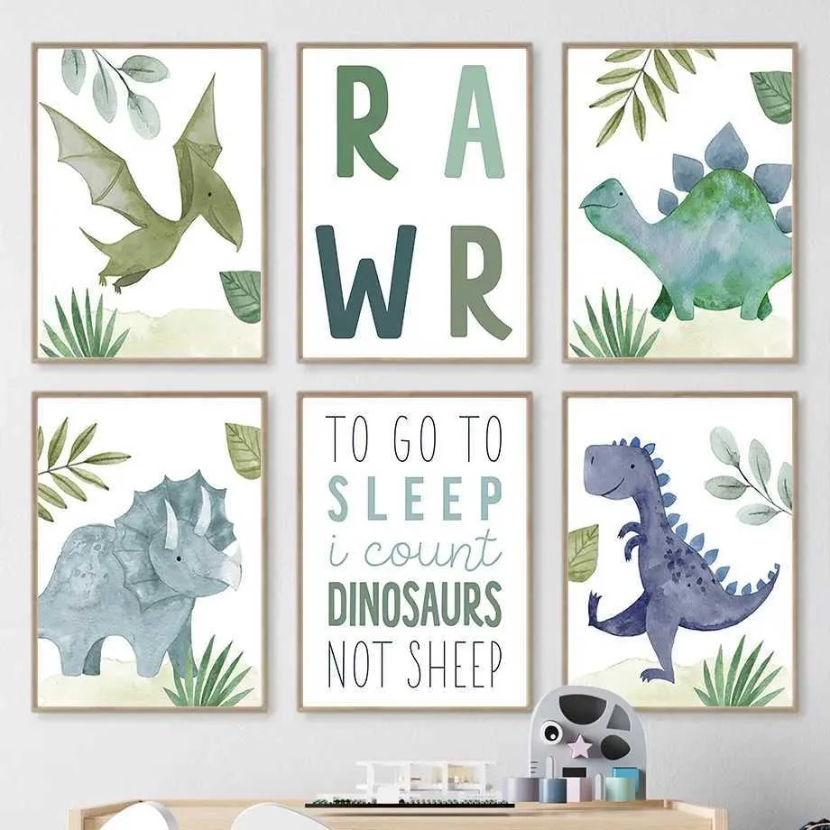 ers Green Leaf Dinosaur Growth Citas de arte de pared Pintura de lienzo nórdicos y estampados Fotos de pared de dibujos animados para niños Decoración de habitaciones J240505