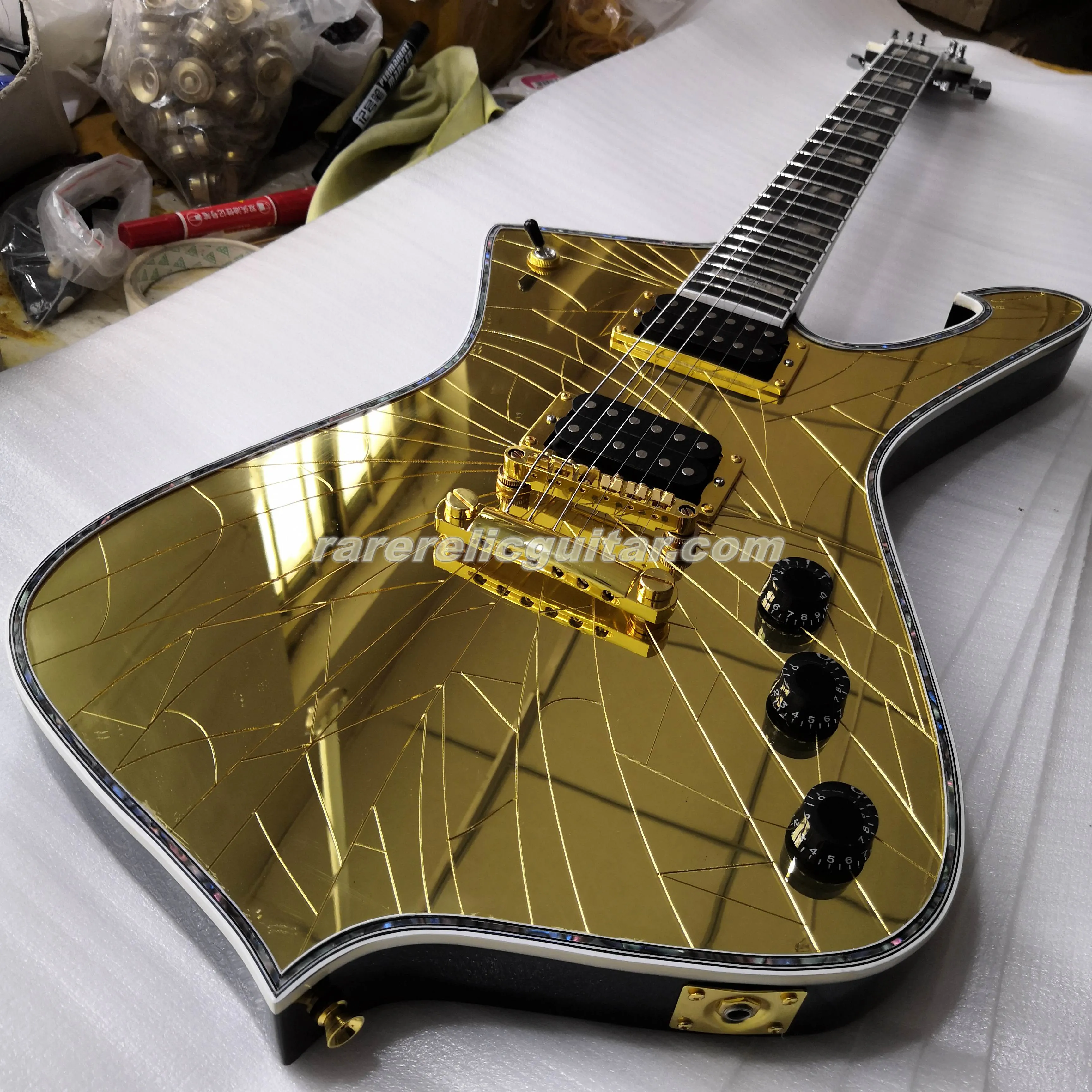 Stokta PS2CM Mor Altın Şerit Çatlamış Ayna Iceman Stanley Elektro Gitar Abalone Vücut Bağlayıcı İnci Abalone Blok Kakmı
