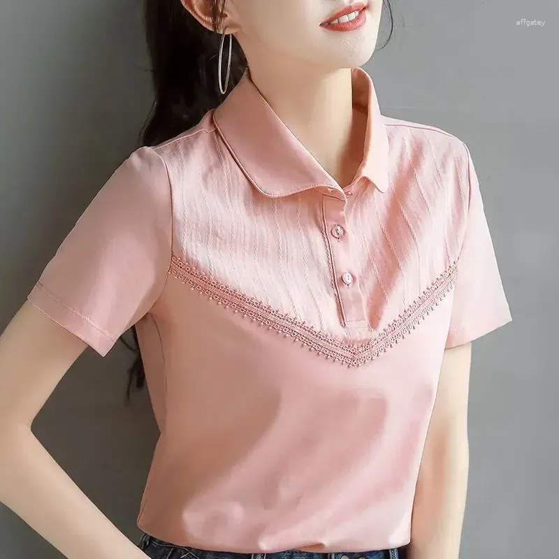 Dames Polos Polo Neck Shirt For Women Plain Pink Woman T Baggy jeugdige elegant worden aangeboden met kraag mode 2024 Aesthetic