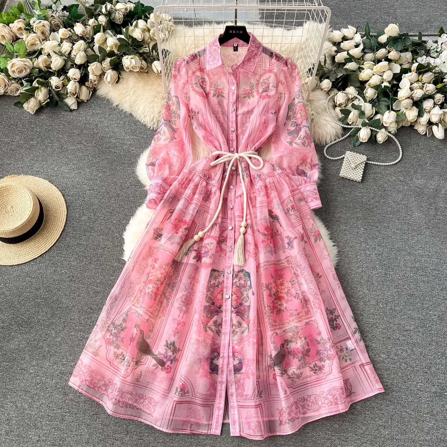 Basic Casual Women Kleider Landebahn Neue Sommer Holiday Beach Langes Kleid Frauen Lupe Long Lantern Sleeve Blumendruck Flüse Schnürung Chiffon Lose Vestidos 2024