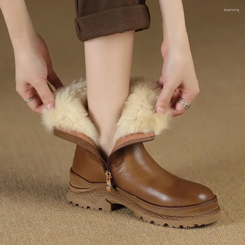 Boots Winter Snow Fur Fur Inner Femmes Plateforme Chaussures avec fermeture à glissière Femme Femme Cow Leather Spring Automne Botas