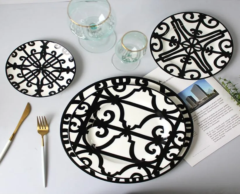 Целый размер черные керамические блюда, посуда Декоративная костяная костяная пластина, наборы обеденных тарелок стейк десерт, 5681128
