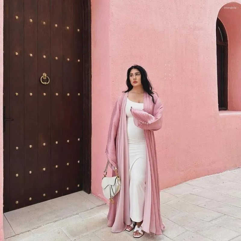 Etnische kleding groene abrikoos roze open glanzende abaya moslimvrouw Dubai zomer Kaftan vakantievakjes 2024 jurk met lange mouwen