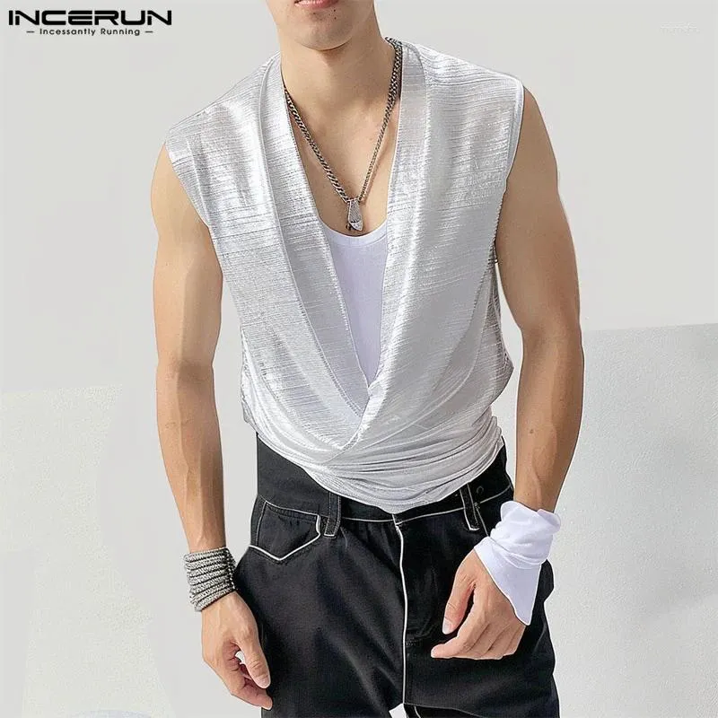 Men's Tank Tops INCERUN 2024 Korean Style Flash Pile Collar Design Casual Clubwear Male Comfortable Sleeveless Vests S-5XL