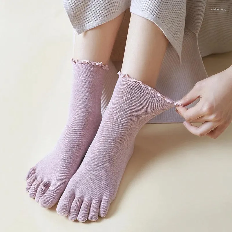 Frauen Socken 5pairs Damen Rüsch 5 Finger Set Koreanische Röhre Weibige Damen süße Dinge Rüschen Zehen Baumwolle