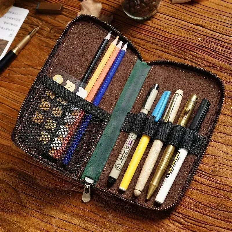 Zíper retrô bolsa bolsa de couro lápis para estudantes escolares caçadores de pepôs saco de lápis com canetas 240429