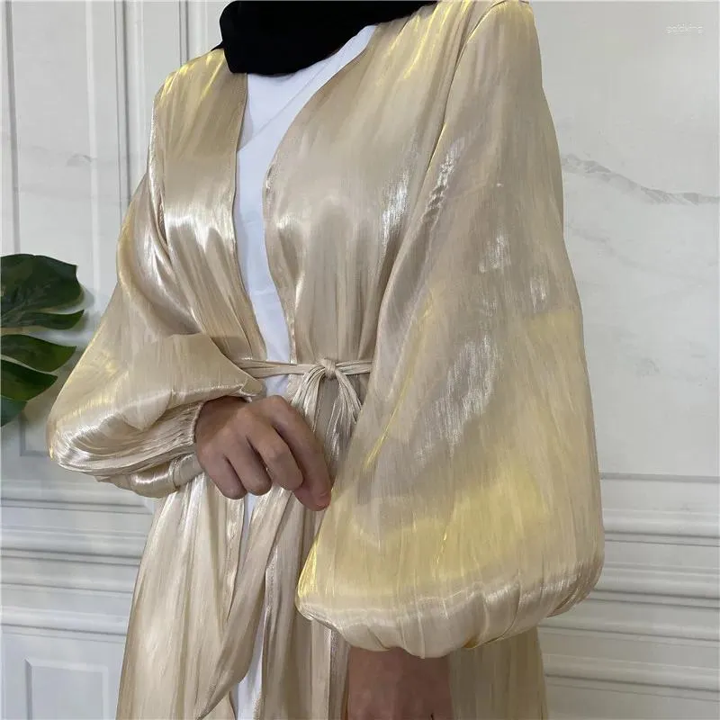 Vêtements ethniques Chic Ramadan Eid tunique Puff Sleeve Cardigan musulman Abayas Kimono Musulmane Dubai Robe de mode avec ceinture arabe