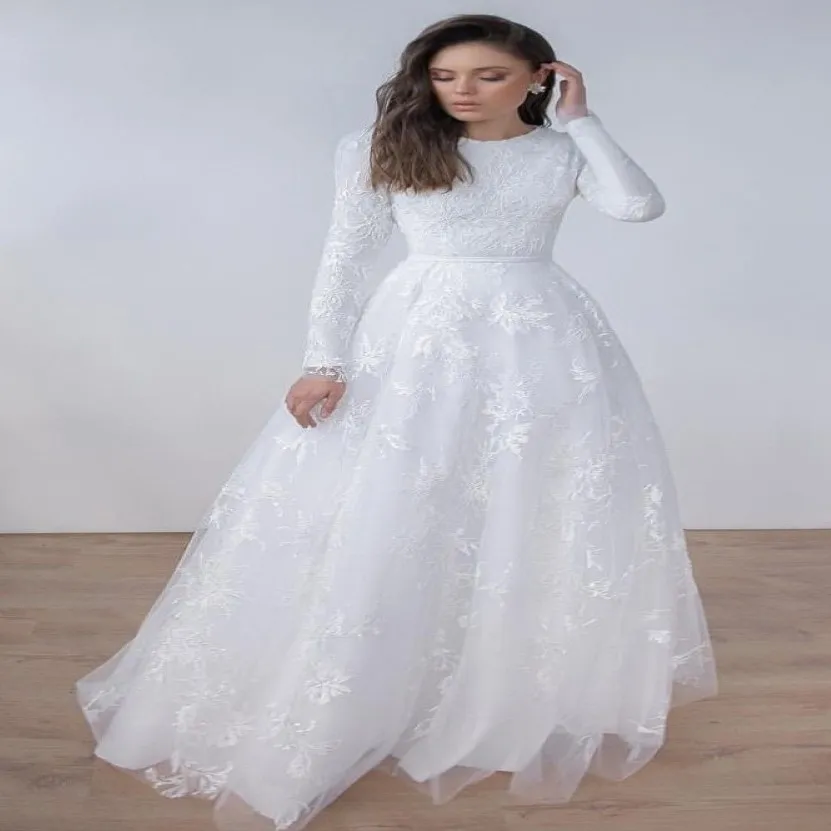 Long Sleeves Lace A-line Modest Wedding Dresses Jewel Neck Sweep Train Simple Vintage Lace LDS Bridal Gowns Custom Made 226j