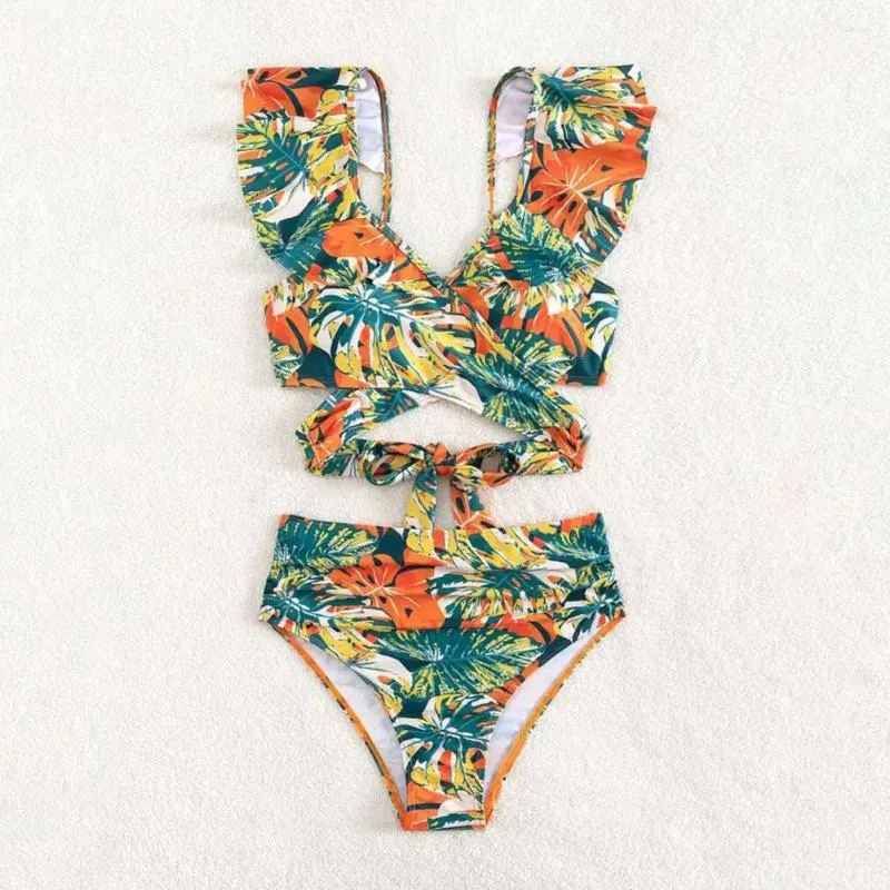 Kvinnors badkläder axelband baddräkt bikini set med justerbar hög midje ruffel dekor rygglös för simning