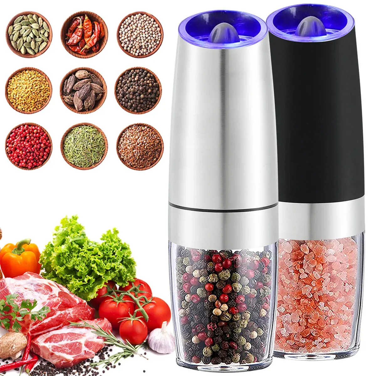 21 pcs électrique Moulin à poivre en acier inoxydable Gravity Shaker Salt Grinder Set Spice Mills Kitchen Grinding Tool 240429