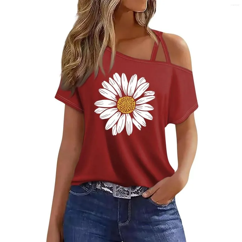 T-shirts pour femmes Fashion Casual Sunflower Imprimé sexy épaule froide à manches courtes T-shirt Top à la mode et simples Vêtements