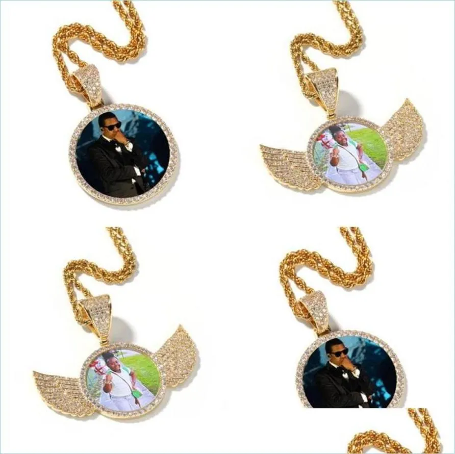 Colliers pendants Hip Hop Iced Out Picture personnalisée Picture Pendentielle Collier Collier Chaîne Round With Shiny Wings Copper Zircon Bijoux M3351174