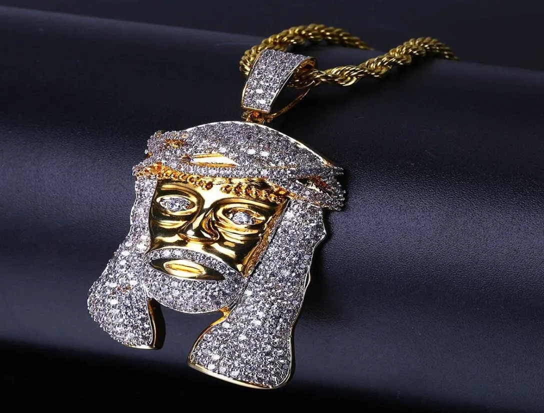 Hip Hop Iced Out All Stone Gold Gold plaqué Jésus Masque Pendant Collier avec chaînes de corde Bling Bijoux Gift pour Mom7641727