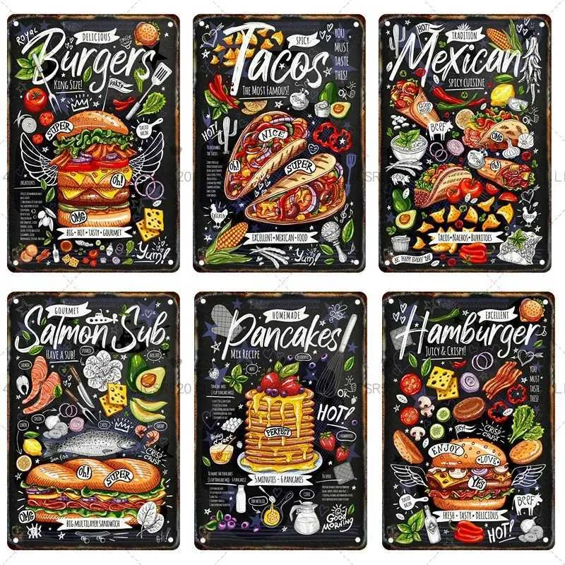 Peinture en métal curieuse alimentation en étain peinture en métal panneau burger pizza affiche maison cuisine café restaurant bar fête art peinture mural décoration t2405