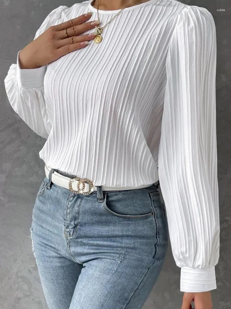 Blouses feminina Mulheres brancas outono de manga longa Tops feminino French Vintage Round Neck Camise