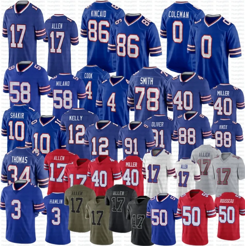 Josh Allen Matt Milano Football Trikot von Miller Cook Dalton Kelly Kelly Dawson Knox Hamlin Keon Coleman Curtis Samuel Shakir Bruce Smith Johnson Thurman Thomas