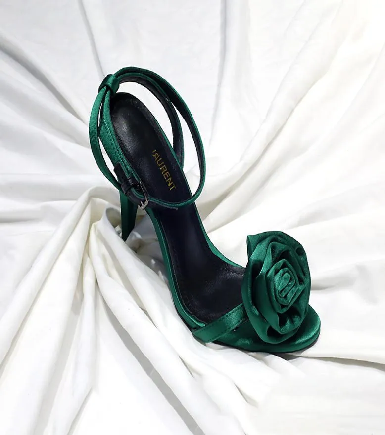 Women039s Opentoed Leather Sandals Stiletto Silk Face Rose Flower High Heels Size3540Green5116019