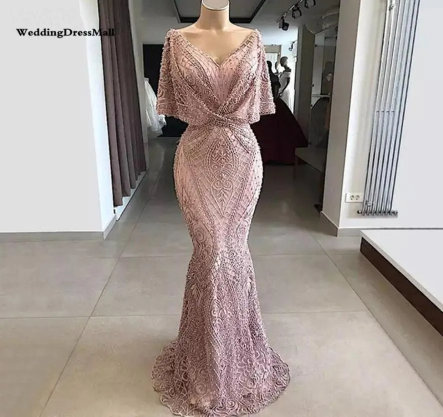 Długa syrena różowa koronkowa abendkleider arabska suknia wieczorowa 2023 Kaftan Dubai Muzułmańskie sukienki Vestido de Gala4542846