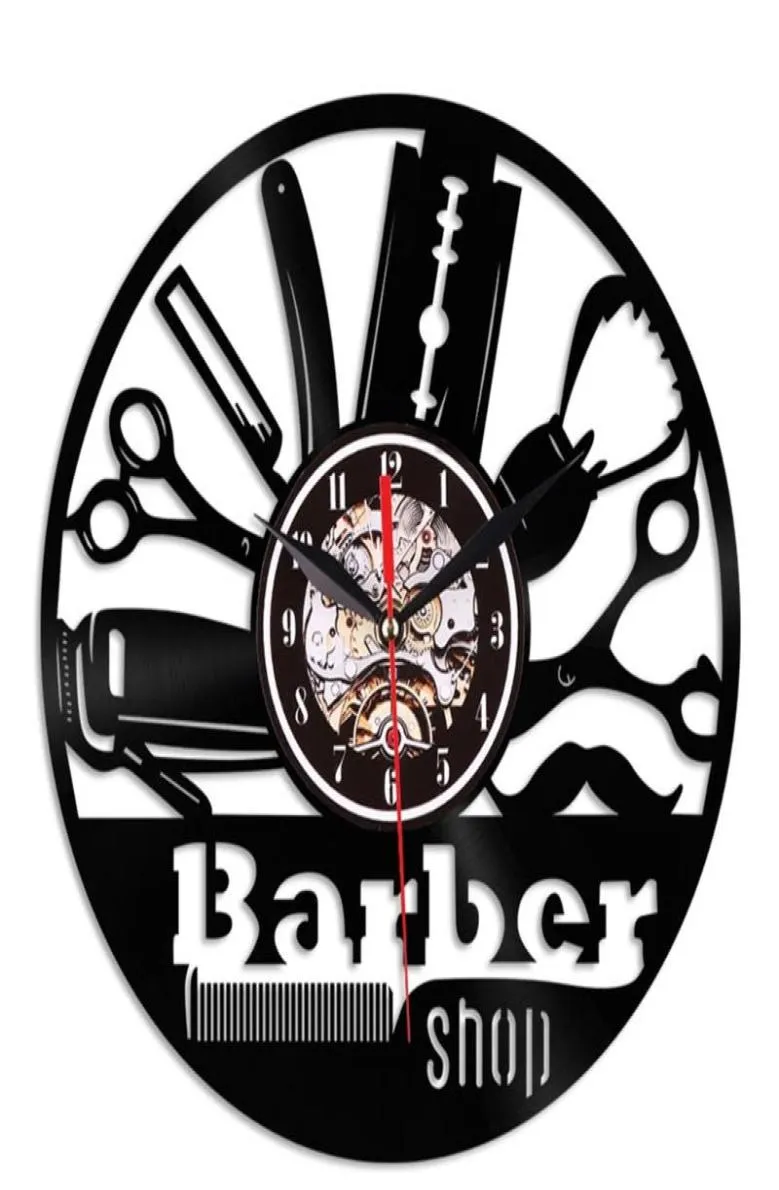 Väggklockor 1PC Barber Shop Beauty Salon Clock Haircut Tools Vintage Record Silhouette Decor Frisör Gift7022117