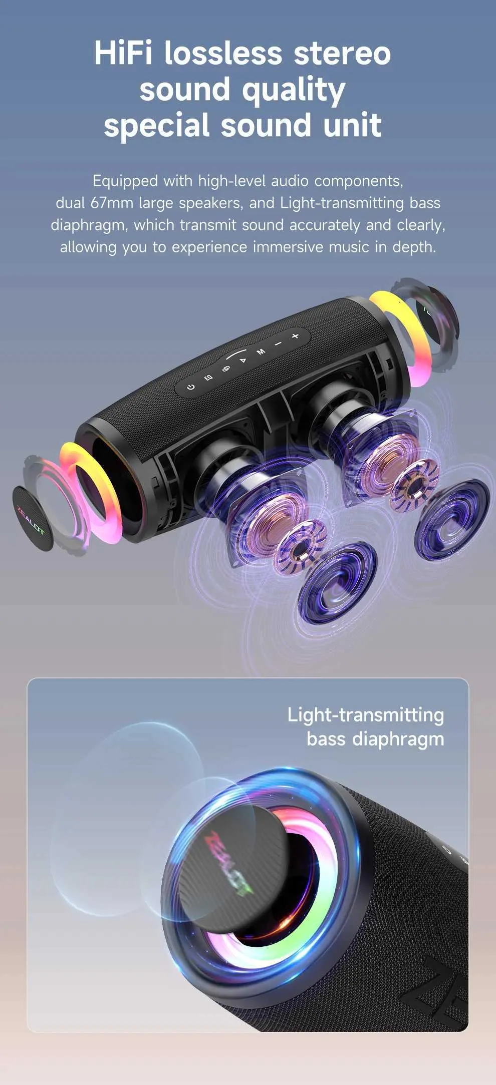 Zealot S56 40Wポータブルスピーカー 低音、IPX6防水、TWS、8800mAh