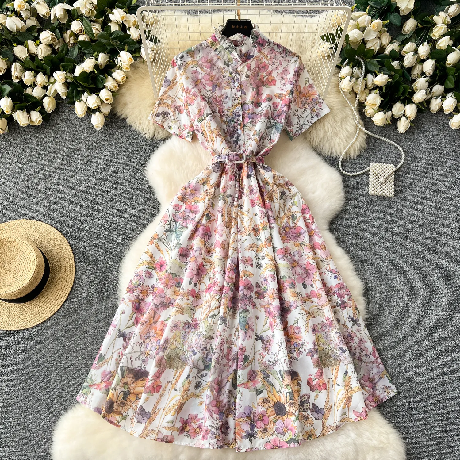 Casual Dresses Runway 2024 Fashion Summer Dresses For Women Short Sleeve Print Vintage Dress Casual Aline Holiday Vestidos With Belt