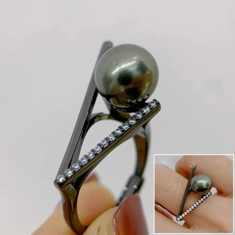 Cluster Rings Meibapj 9-10 мм натуральный павлин Blue Round Pearl Fashion Black Ring DIY 925 Серебряный держатель Установка прекрасных свадебных украшений для
