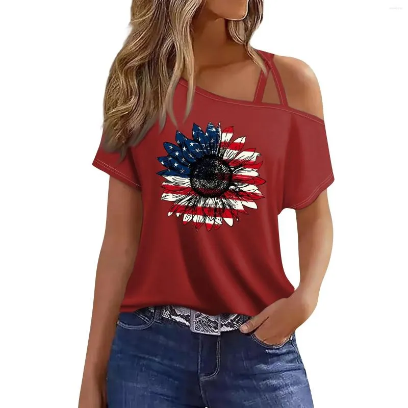 Frauen T-Shirts Mode Casual Independence Day Druck sexy kalte Schulter Kurzarm T-Shirt Top Mode und einfache Kleidung