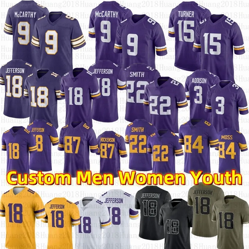 J.J. McCarthy 18 Justin Jefferson Football Jersey T.J. Hockenson Addison Lewis Cine Camryn Bynum Randy Moss Harrison Smith Harrison Phillips C.J. Ham