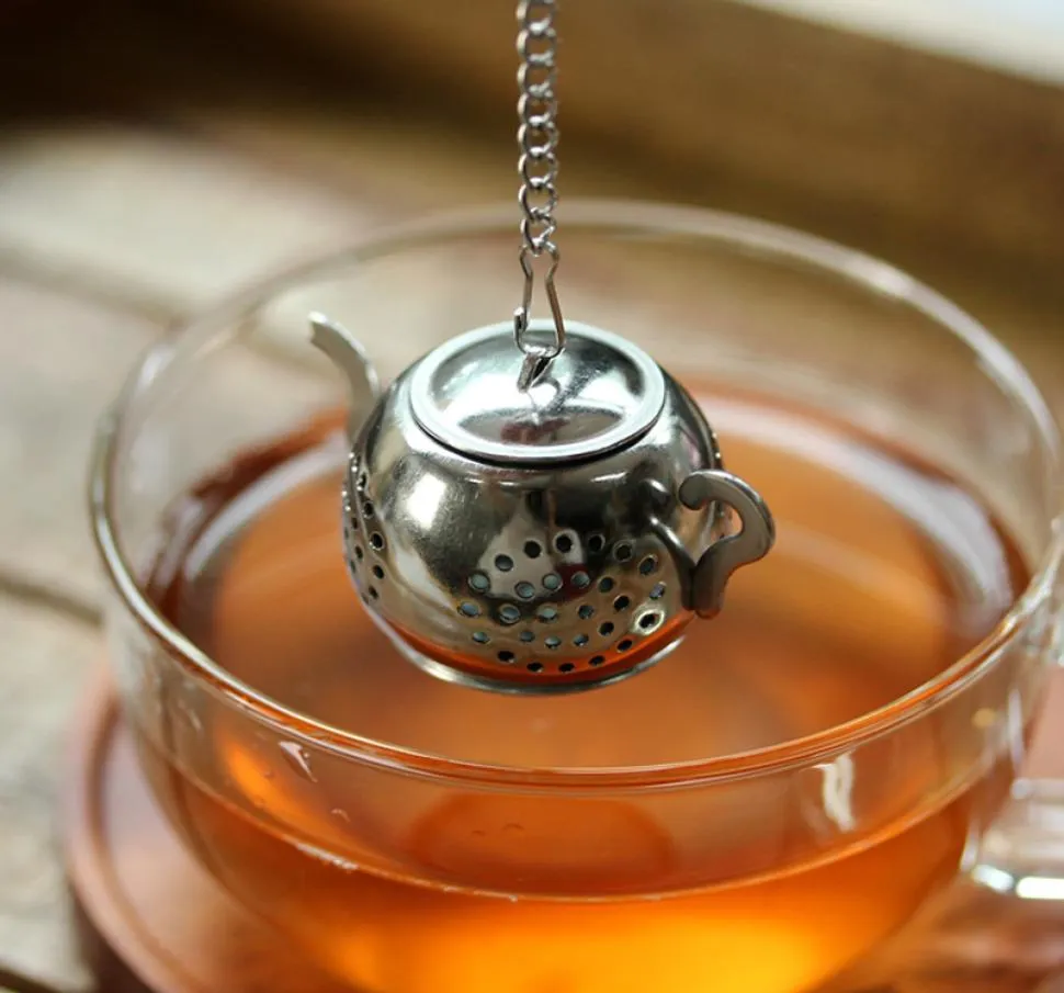 Roestvrijstalen thee -infuser Hoogwaardige herbruikbare theezakjes Metaal Mini Teapot Shape Tea Strainer met sleutelhanger thee -accessoires9616028