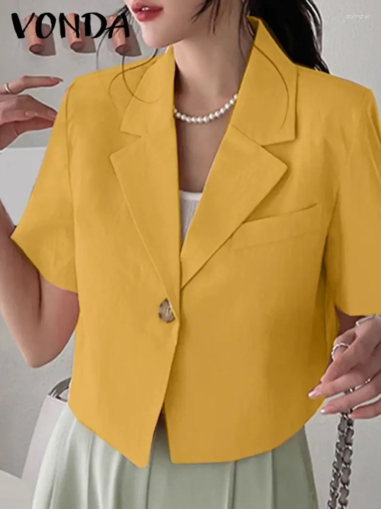 Women's Suits VONDA 2024 Summer Elegant Blazer Short Sleeve Suit Collar Coat Fashion Women Outwear Solid Color Casual Slim Button Tunic Tops