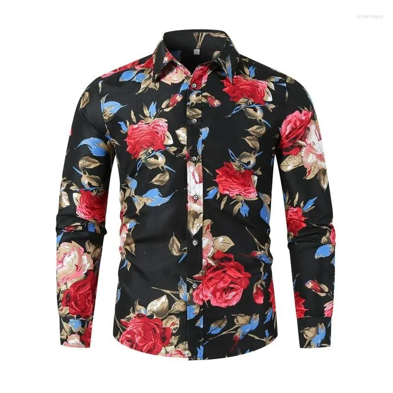 Herren lässige Hemden Rose Print Plus Size Long Sleeve Shirt Frühling Herbst Herbst Jugendblumer französischer Stil männlicher Freizeit Revers Mode Top