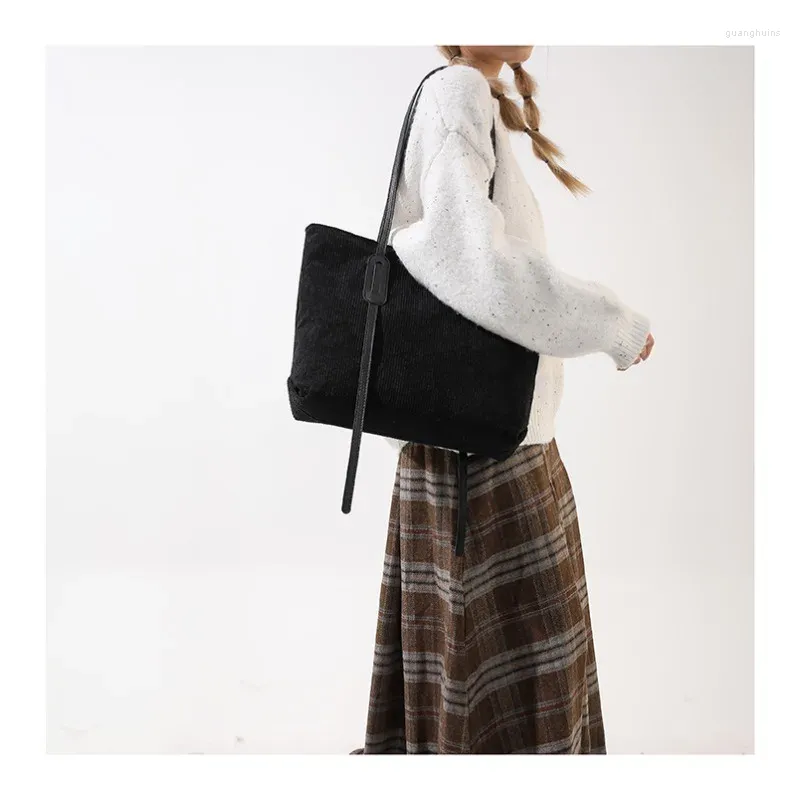 Drawstring Simple Large Capacity Striped Velvet Tote Shoulder Bag Fashion Casual Handbag Solid Color Winter Commuting