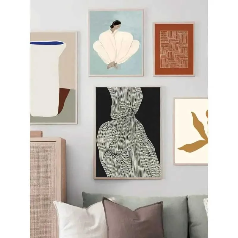 Apers moderne nordische abstrakte Ästhetik Wandkunst Pyjamas Mädchen nackte Linienkurve Hd Ölmalerei Poster Home Schlafzimmer Dekoration Geschenk J240510