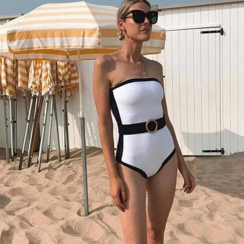 Women's Swimwear 2024 Retro Bandeau Color Block One Piece Swimsuit Summer Women Beachwear Bathing Suit Bodysuit Monokini Biquini Bikini