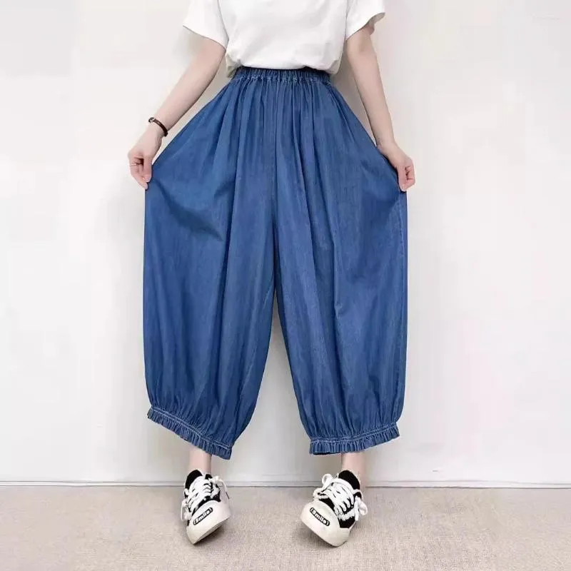 Pantalon féminin mori kei vêtements japon style vintage élastique coton bleu denim large jambe femme d'été