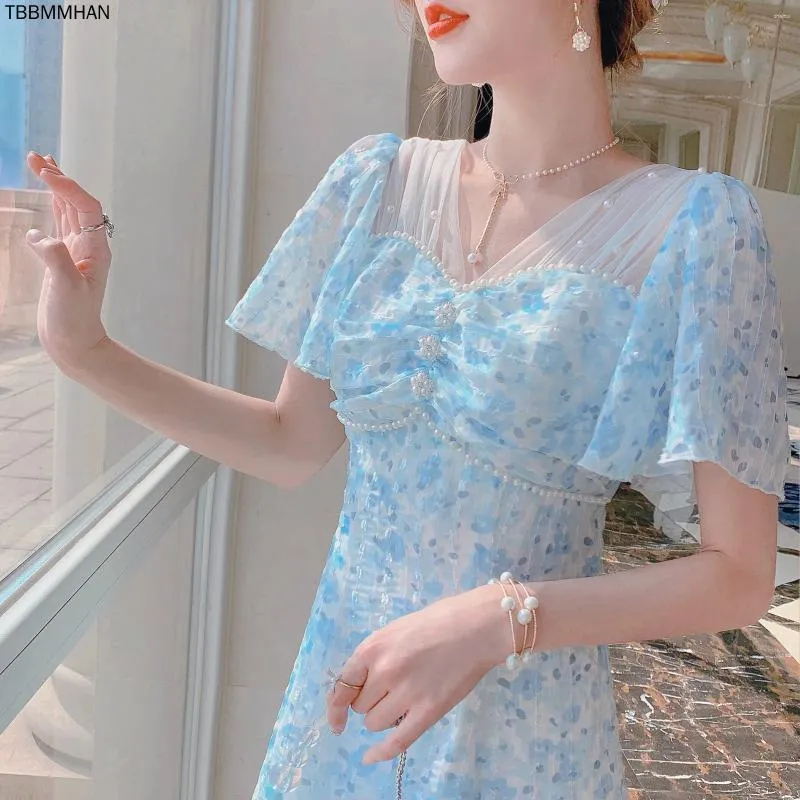Party Dresses Chiffon Floral Midi Dress Women Lace Short Sleeve Elegant Blue Female Summer Vintage One Piece Korean