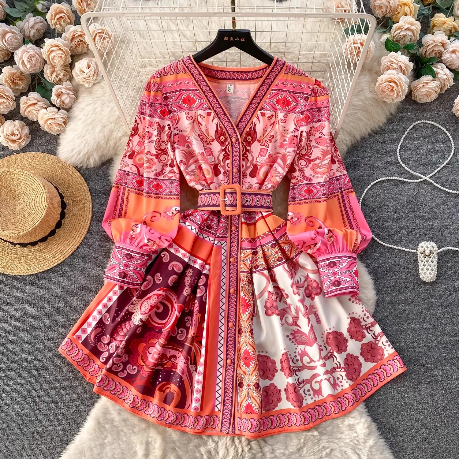 lantern runway floral dress Fashion Runway Shirt Collar Loose Maxi Dress For Women Autumn Lantern Sleeve Floral Print Elegant Belt Holiday Boho Robe Vestido