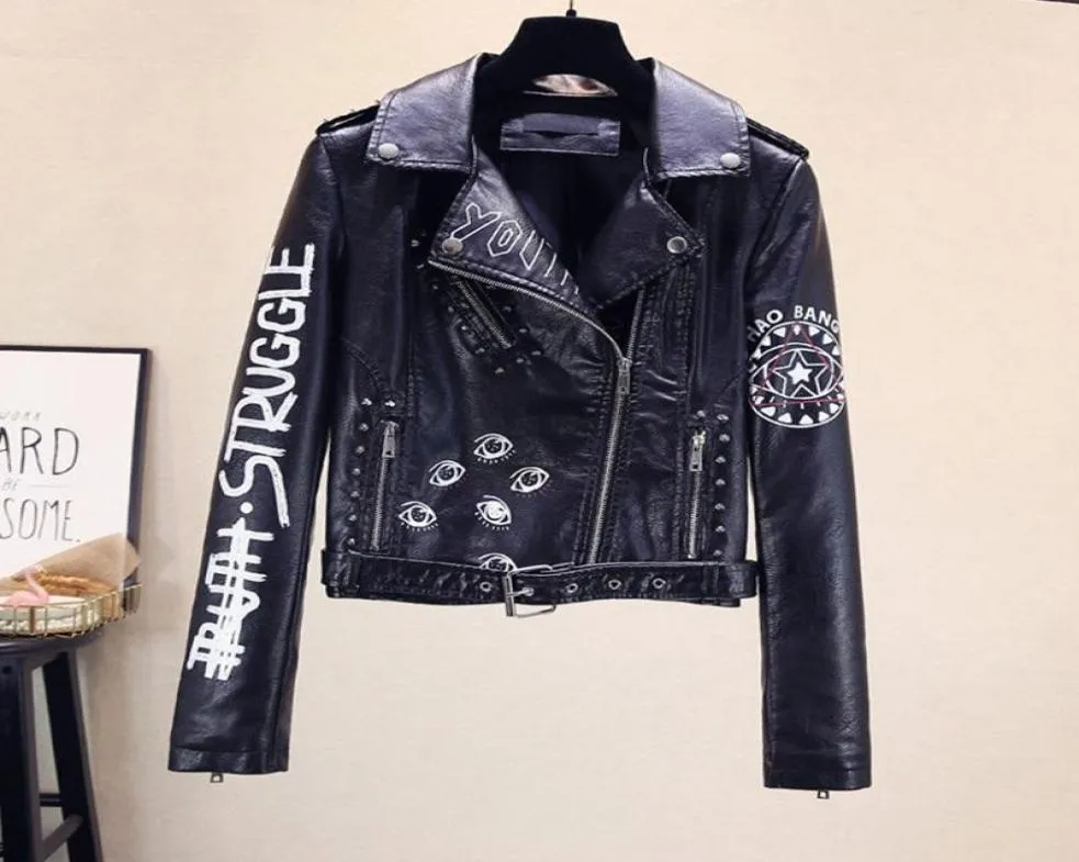 Punk Women PU Leather Jacket Gothic Printed Winter Zipper Long Sleeve Rivet Female Casual Overcoats Streetwear Motorcycle Coat4983459